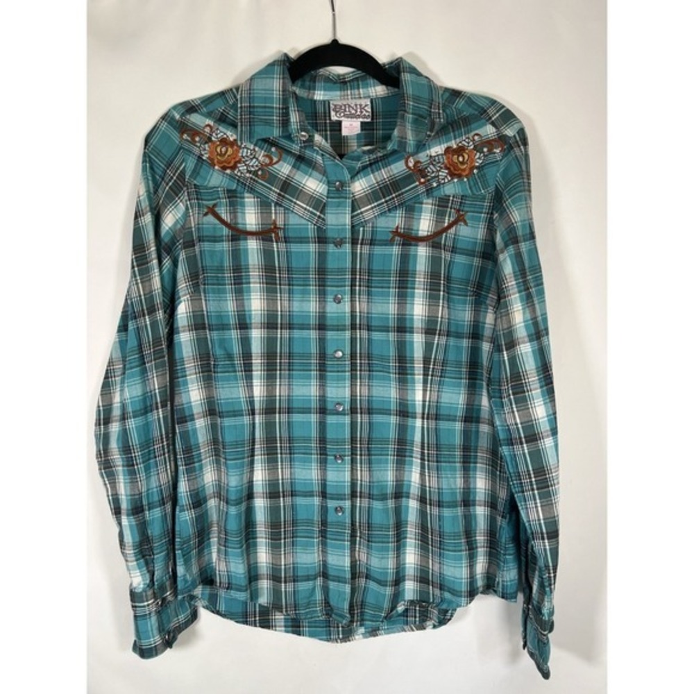 Women's Western Teal Plaid Large Back Appliqué Cross Country Festival Heart